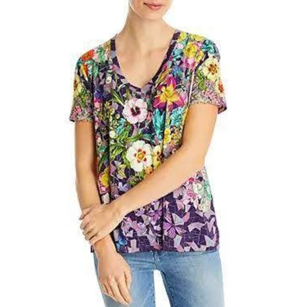 Johnny Was V-Neck T-Shirt Womens Large Purple Floral Butterfly Bamboo T13922-2